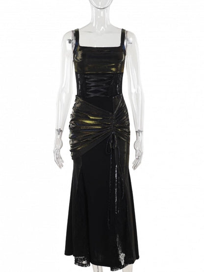 Black Metallic Slip Dress Mermaid Satin Lacing Gothic Halloween with Crisscross