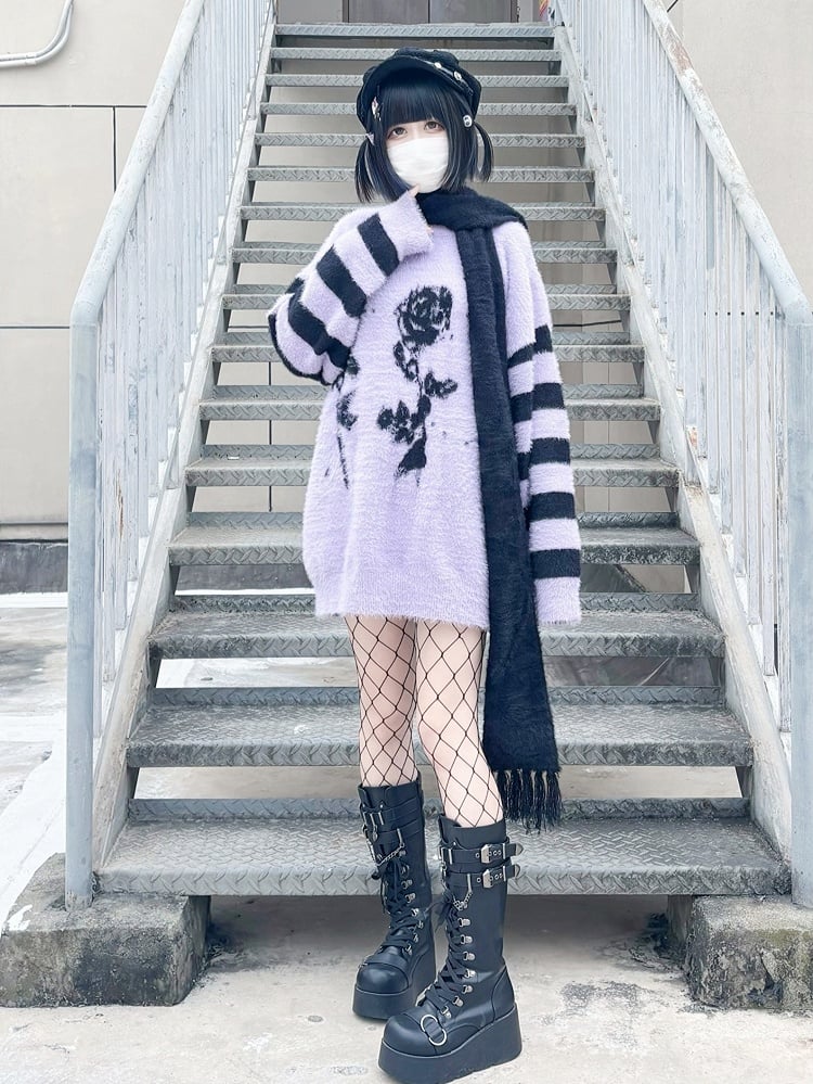 Pattern Sweater and Purple Rose Jirai Striped Oversized Kei Black