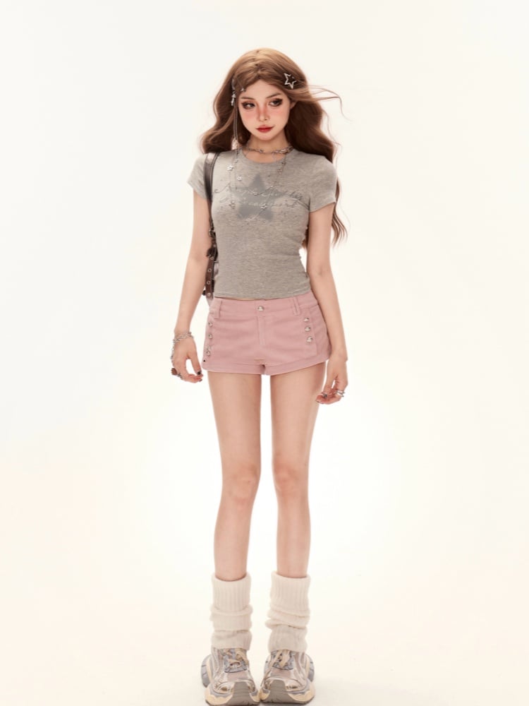 Gray Round Neck Star Print Cutout Glamorous Detail T-Shirt Back
