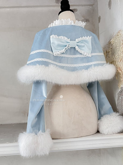 Blue Bunny Ears Bowknot Bodice Layered Skirt Boning Dress + Cropped Cape Top Set