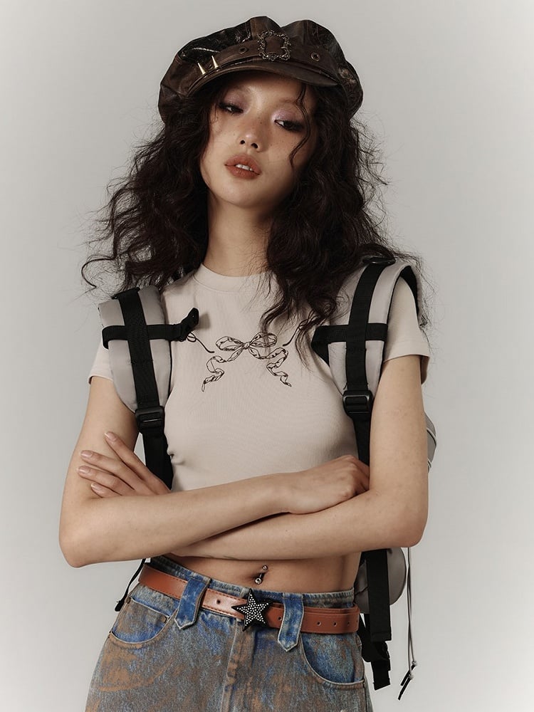 Cropped Lace with Trim Black Bow Punk Cutout Print Khaki T-Shirt Back