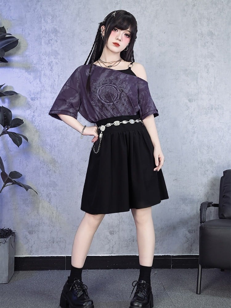 Gothic Purple Faux Two-Piece Off-Shoulder Tee with Sea Lily Print - Quirky Hut