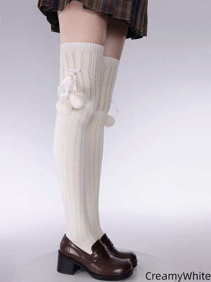 Pom-Pom Design Vertical Pattern Knee Colors with Loose Knitted Over Decoration 3 Stockings Striped