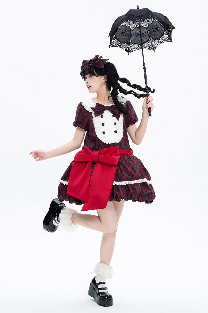 パターンパフスリーブレッドコットンバブルスカートチェック柄サマーロリータ