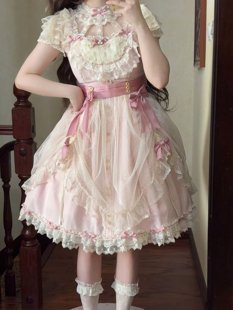 Elegant Bow and Details Version Classic with Lace Dress Short Pink Lolita