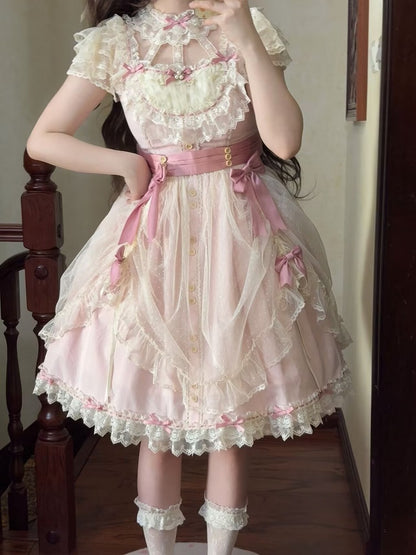 Elegant Bow and Details Version Classic with Lace Dress Short Pink Lolita