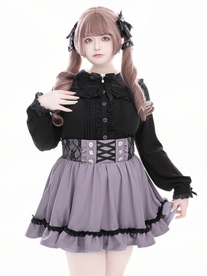 Long Black with Sleeve Lace Kei Detailed Collar Square Beadwork Jirai Blouse Dark Sweetheart
