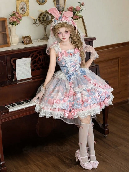 Sweet Blue Lolita JSK Dress with Strawberry Print, Bow and Lace Accents - PG Lullaby