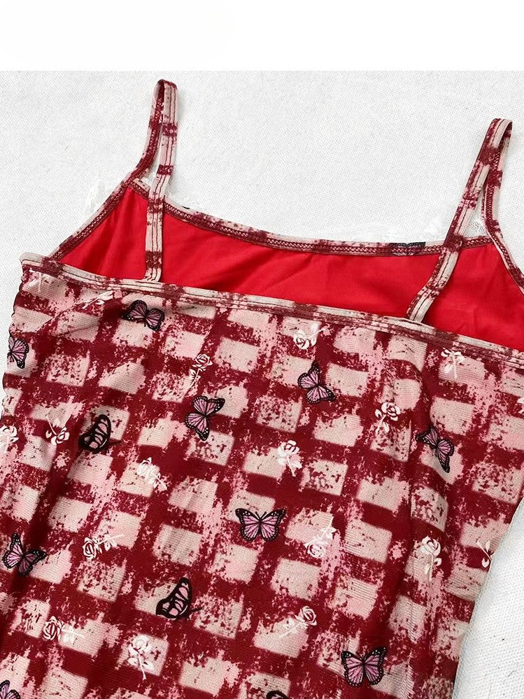 裾の華やかなほろ苦い柄の赤いスカートと白いドレスのキャミソールセット - チェック柄のレースの蝶の非対称 +