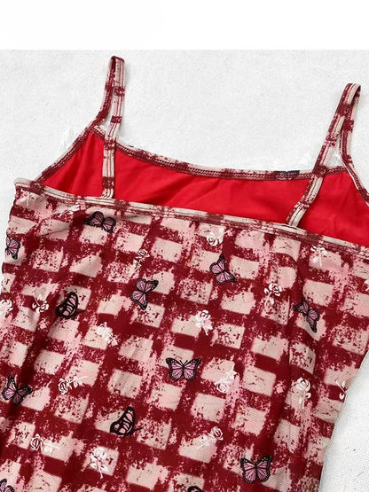 裾の華やかなほろ苦い柄の赤いスカートと白いドレスのキャミソールセット - チェック柄のレースの蝶の非対称 +