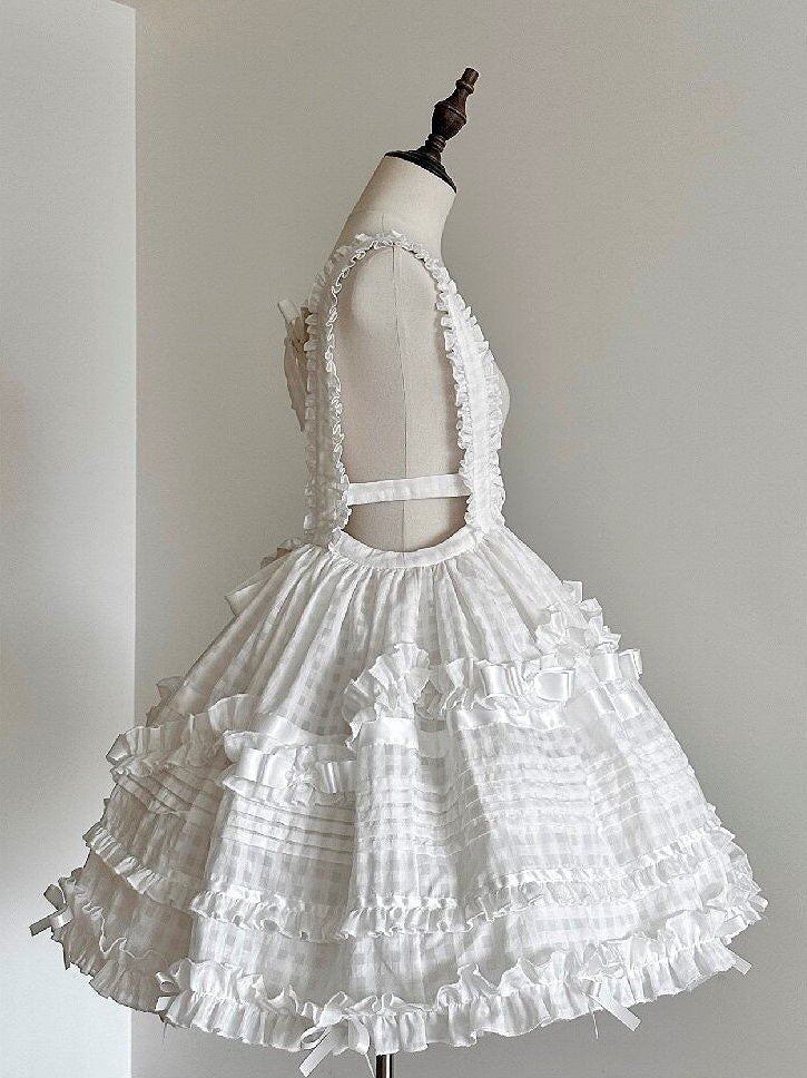 Ivory Checkered Frilly Bow Lolita Jumperdress