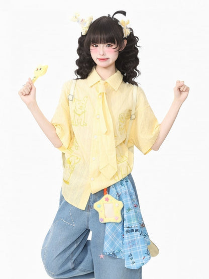 Yellow Puppy Embroidery Short Sleeve Shirt with Tie - Languid Park