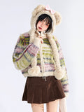 mit Cardigan Mohair Verschluss Vintage Gestreift Reißverschluss High Neck Crop Grün