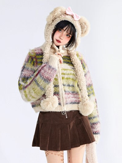 with Cardigan Mohair Closure Vintage Striped Zip High Neck Crop Green