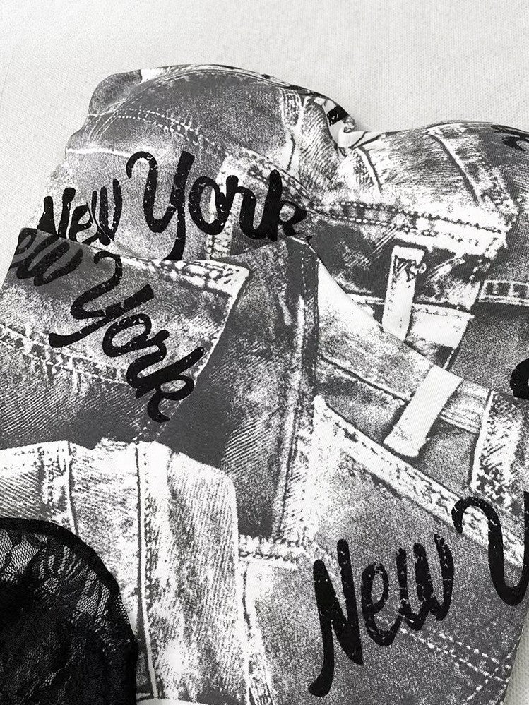 プリントレーストリム ビタースイートヘム レタートップ アシンメトリーチューブ グレー