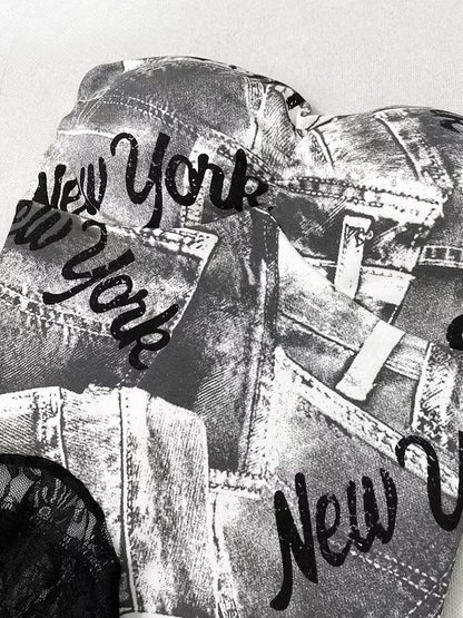 プリントレーストリム ビタースイートヘム レタートップ アシンメトリーチューブ グレー