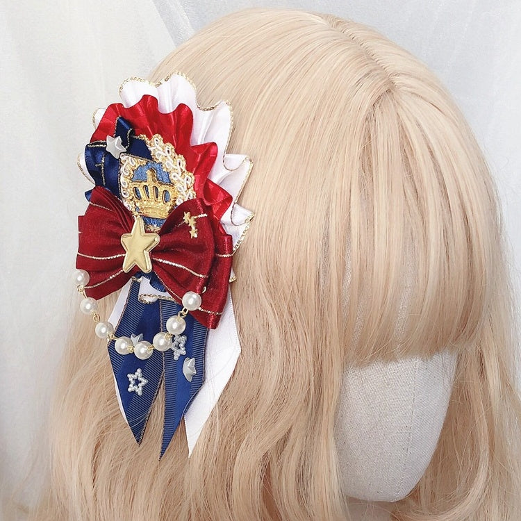 アイドルチャームヘアクリップロリータ装飾クラウンブルーレッド蝶結びディテールビーズスターデザイン