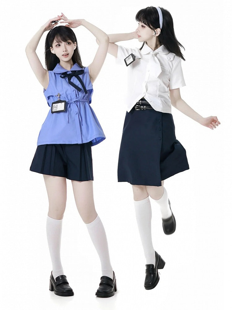 ホワイトピーターパンカラー半袖シャツネクタイとホルダーカード付き