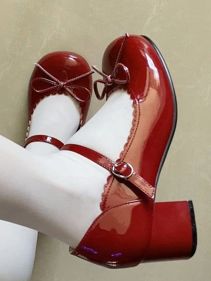 Red Fastener PU Design with Lolita Heels Sweet Wine Snap 5cm Mid Scalloped