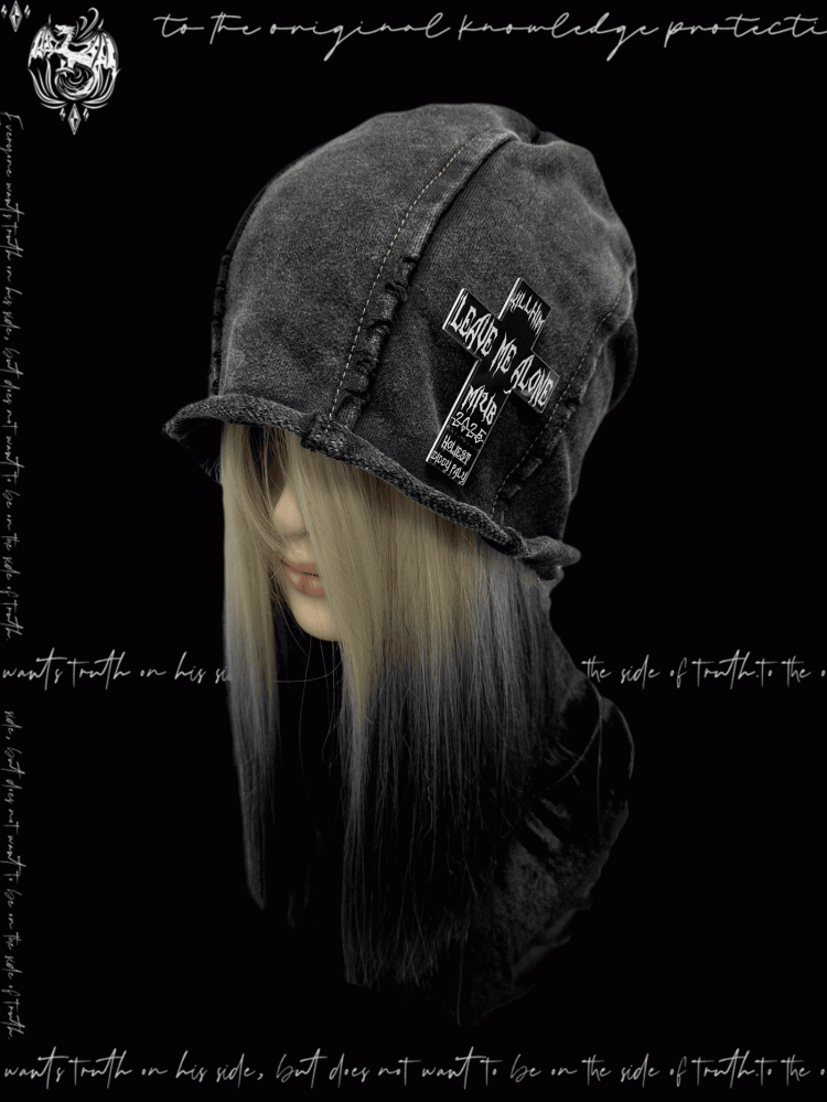 Y2K Rolled Hem Hat Rock Accent Punk Cross Black/Blue