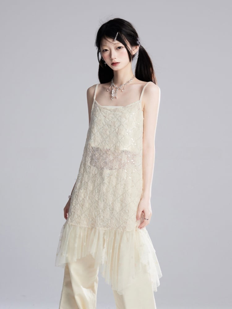 ストラップレスヘムクロップド丈スパンコールメッシュスリップドレス/アプリコットアプリコットセミシースルートップスター柄アシンメトリー