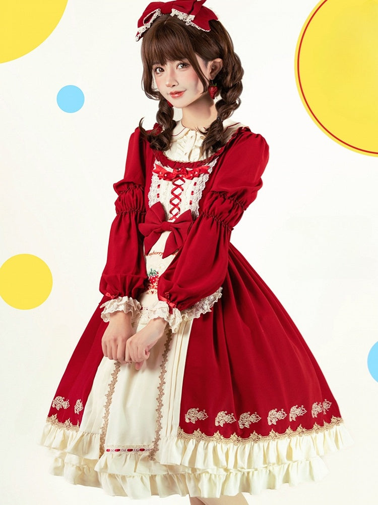 with Long-sleeved and Sweet Hem Red Apron Ruffle Beige Strawberry Embroidered Lolita Dress