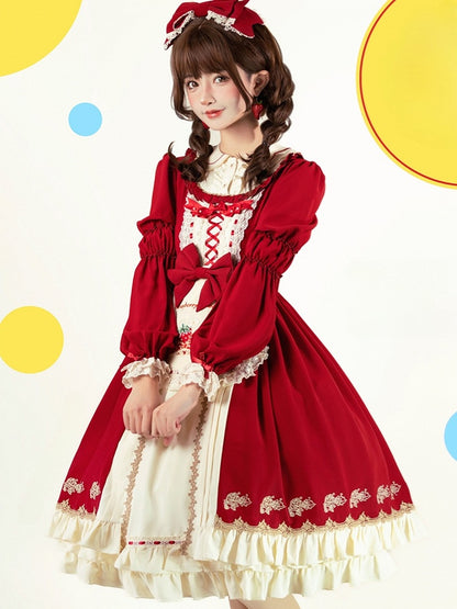 with Long-sleeved and Sweet Hem Red Apron Ruffle Beige Strawberry Embroidered Lolita Dress