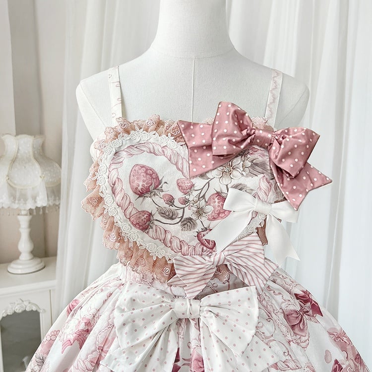 Bow Lolita Strawberry Sweet with Pink Print Jumper Skirt Accents and Kitty