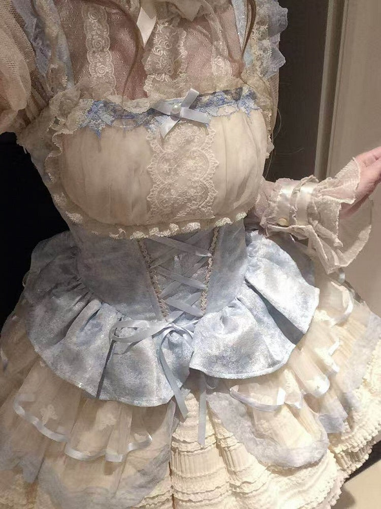 Sweet Blue & Beige Lace-Up Lolita JSK Dress with Lace Trim - Flying ear rabbit