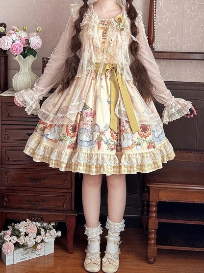Lolita Overlay Sweet Plaid Bunny Print with and Yellow Dress JSK Sunflower Hem
