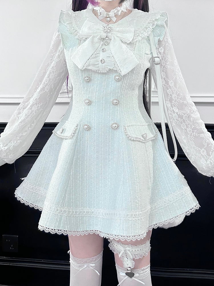 Tweed Shorts Long-Sleeve Matching Lace Kei Blue Fresh Light Dress Jirai + Set