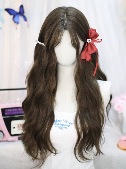 Braune, gewellte Unterbrustperücke mit Vorhangpony