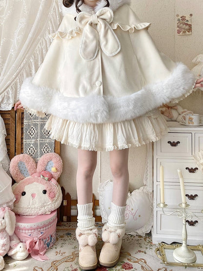 Lolita Winter with Plush Cape Lining Oversized Apricot Ears Bunny Hooded