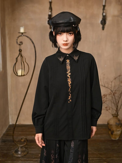 Gold Button Embroidery Black Placket Gothic Animal with Cheongsam Blouse