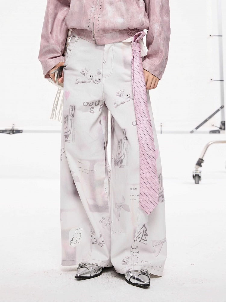 and Hand-Drawn Print Bow Doodles with Wide-leg Jeans White