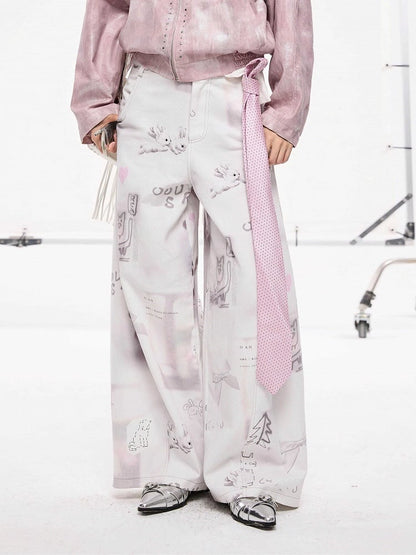 and Hand-Drawn Print Bow Doodles with Wide-leg Jeans White