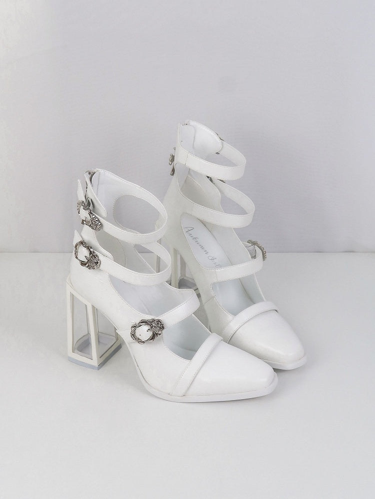 Matte White Gothic Crocodile Buckle Straps High Block Heels