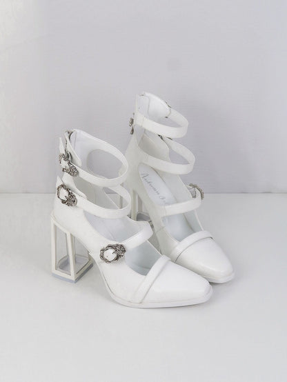 Matte White Gothic Crocodile Buckle Straps High Block Heels