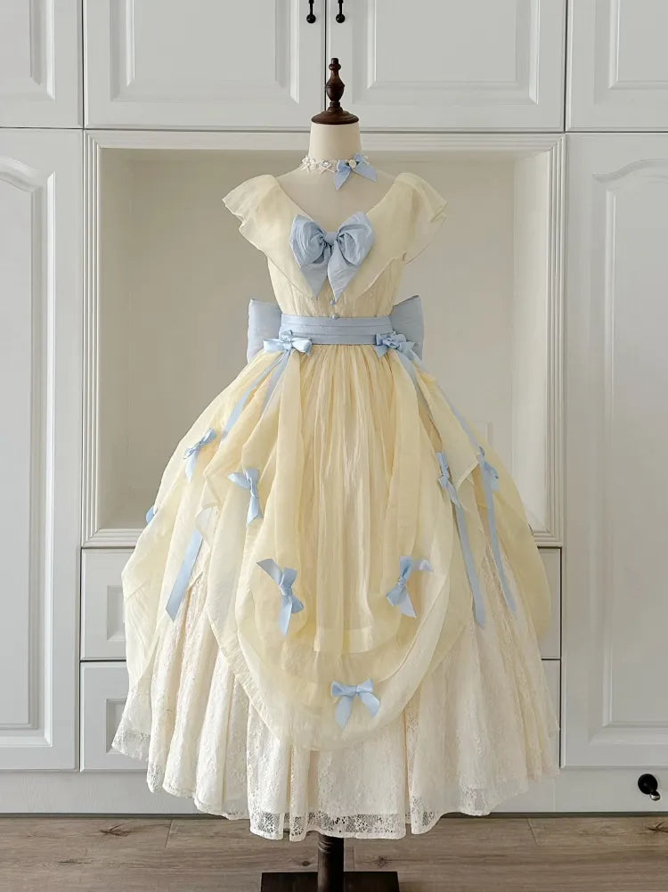 Lolita V-neck Blue Belle with Yellow Princess Detachable Dress Bows