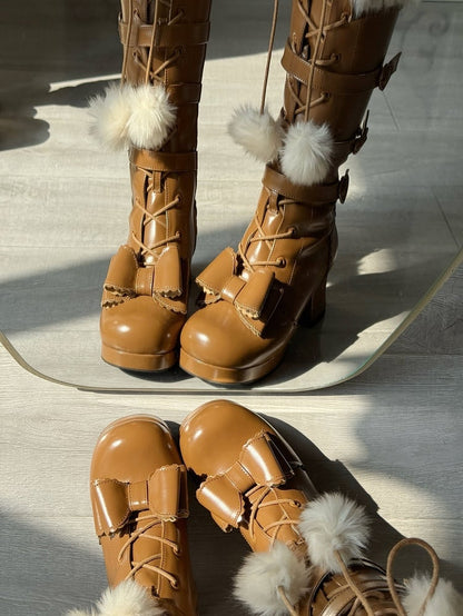 Light in Zip/Buckle Mid-heel with Boots Winter Boot Lolita PU Elegant Collar Brown Plush Details Ornate Lace