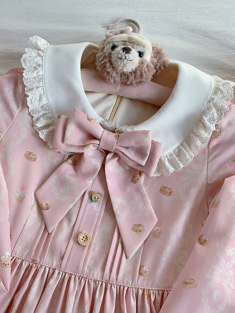 Pink Peter Pan Collar Bear & Cake Print Long-Sleeve OP Dress - Honey Village
