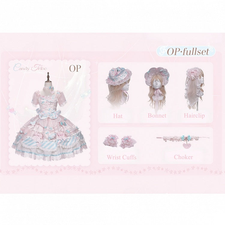 Pink & Blue Sheer Sleeves Tiered Sweet Lolita OP Dress with Bow and Candy Accents - Meng Fu Zi