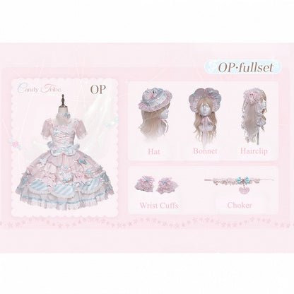Pink & Blue Sheer Sleeves Tiered Sweet Lolita OP Dress with Bow and Candy Accents - Meng Fu Zi
