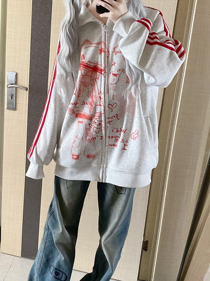 Red Anime Print Zip Closure Jacket - Corner cat