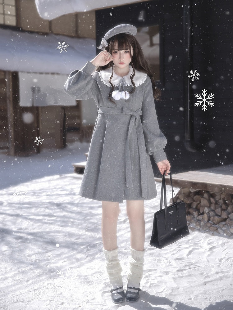 Coat Decor Pom-Pom Wool Waist-Tie Gray Aesthetic