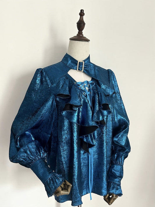 and Vibes Lace-Up Collar Shirt with Buckled Peacock Blue Lolita Pirate Ouji