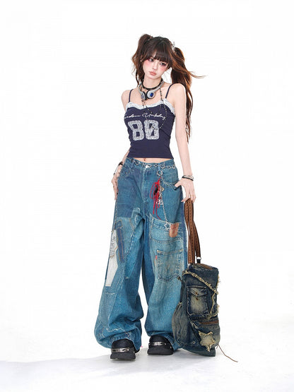 Jeans mit weitem Bein und verblasster Waschung in Denimblau mit Taschen