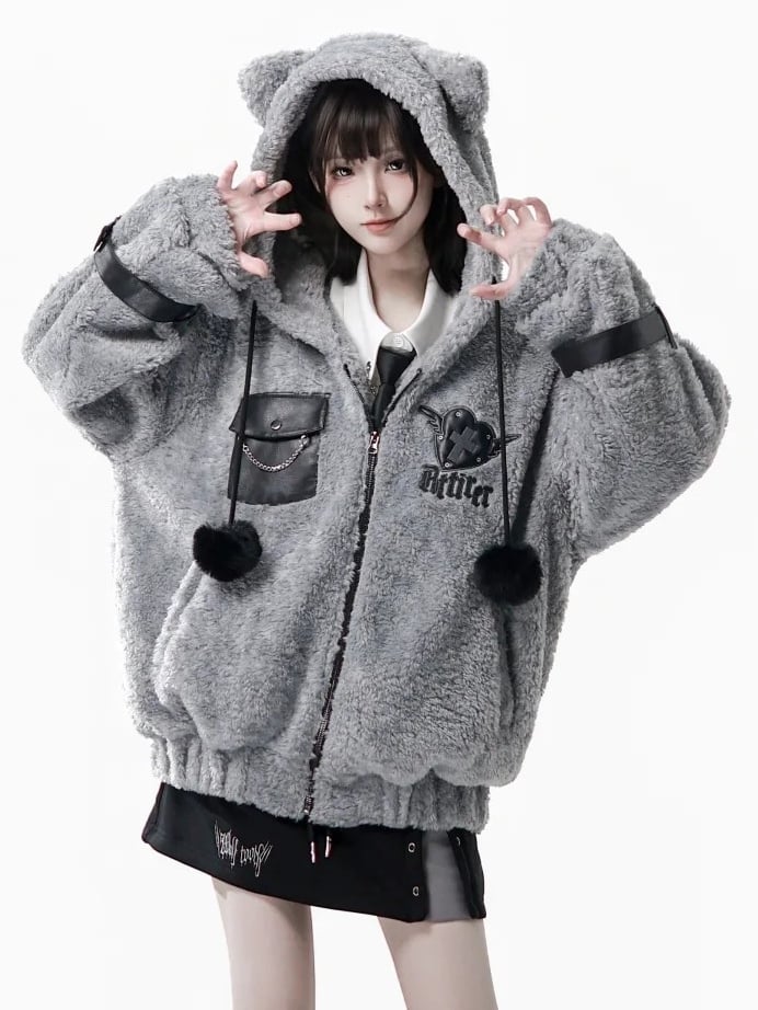 Hooded Pompon Ear Charm Jacket - Grey Plush Kitty