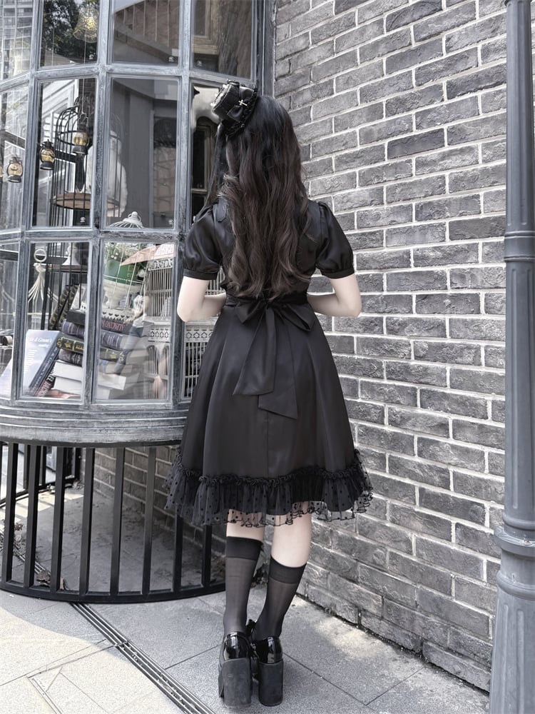 Back Bow Tie Black Ruffled Lace Trim Self-tie + Jirai Kei Chiffon Dress
