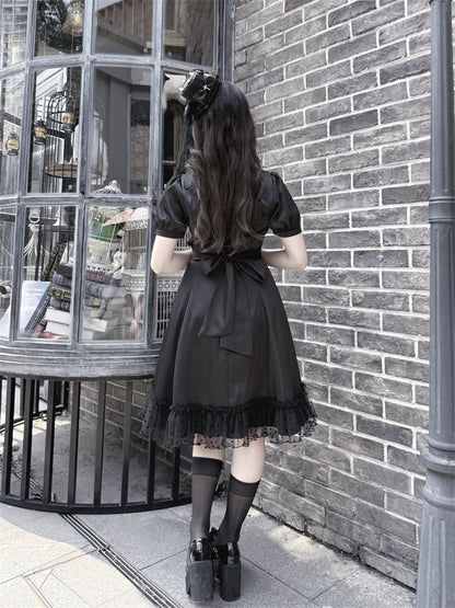 Back Bow Tie Black Ruffled Lace Trim Self-tie + Jirai Kei Chiffon Dress